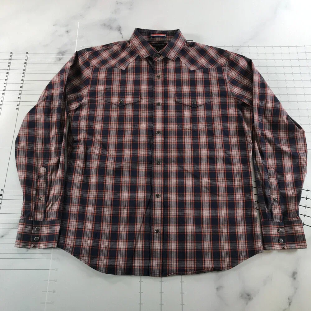 Banana Republic Button Down Shirt Mens Medium Navy Blue Orange Plaid Slim Fit